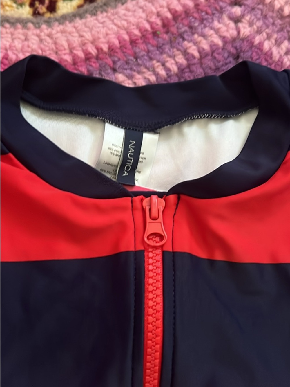 Nautica Navy & Red Zip-Front Long Sleeve Swimsuit - Picture 5 of 5
